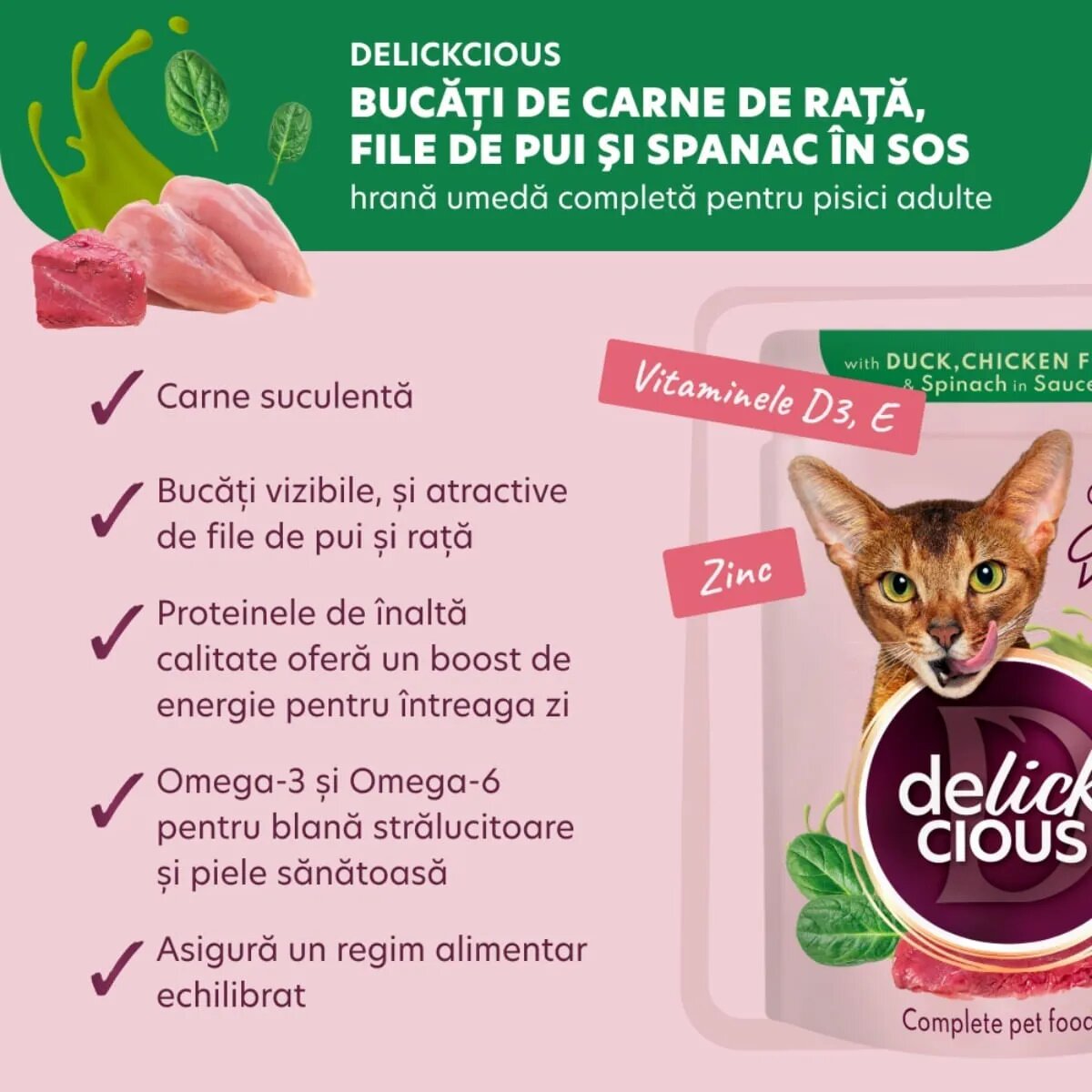 DELICKCIOUS Dinner Rață și Pui plic hrană umedă pisici (în sos) bax 85g x 12buc