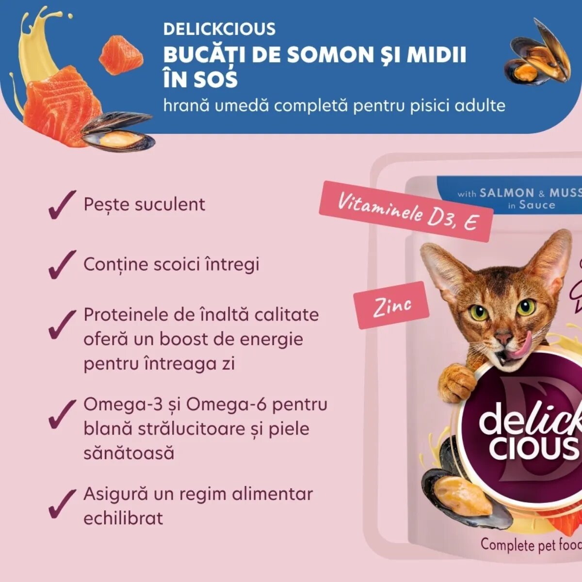 DELICKCIOUS Dinner Somon și Midii plic hrană umedă pisici (în sos) bax 85g x 12buc