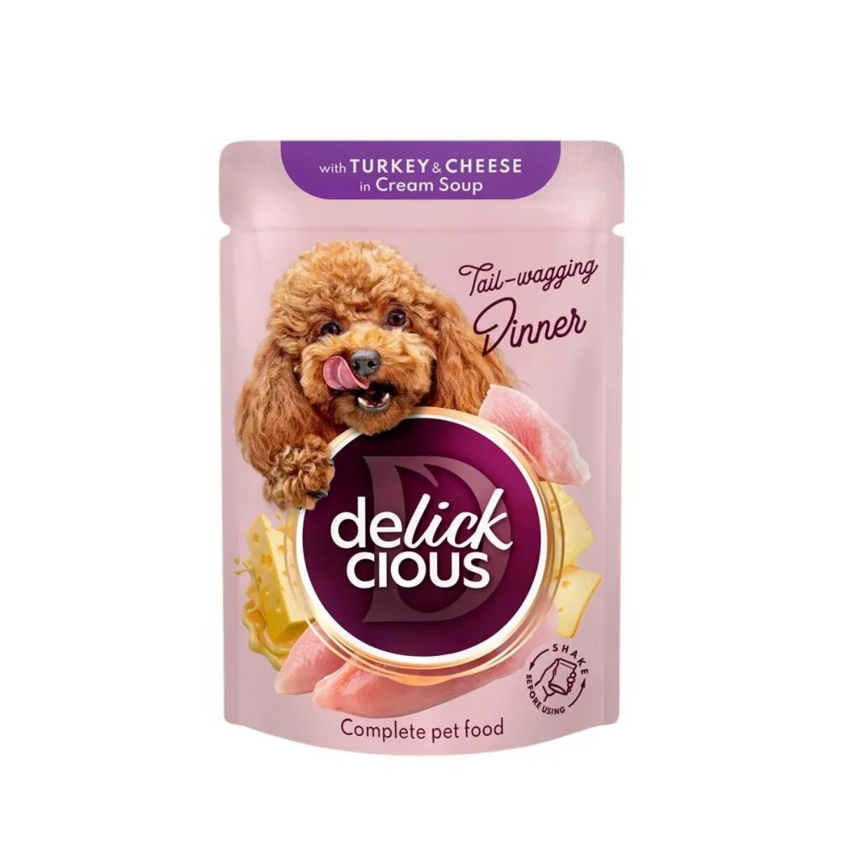 DELICKCIOUS Dinner XS-S Curcan și Brânză plic hrană umedă câini (în supă) bax 85g x 12buc