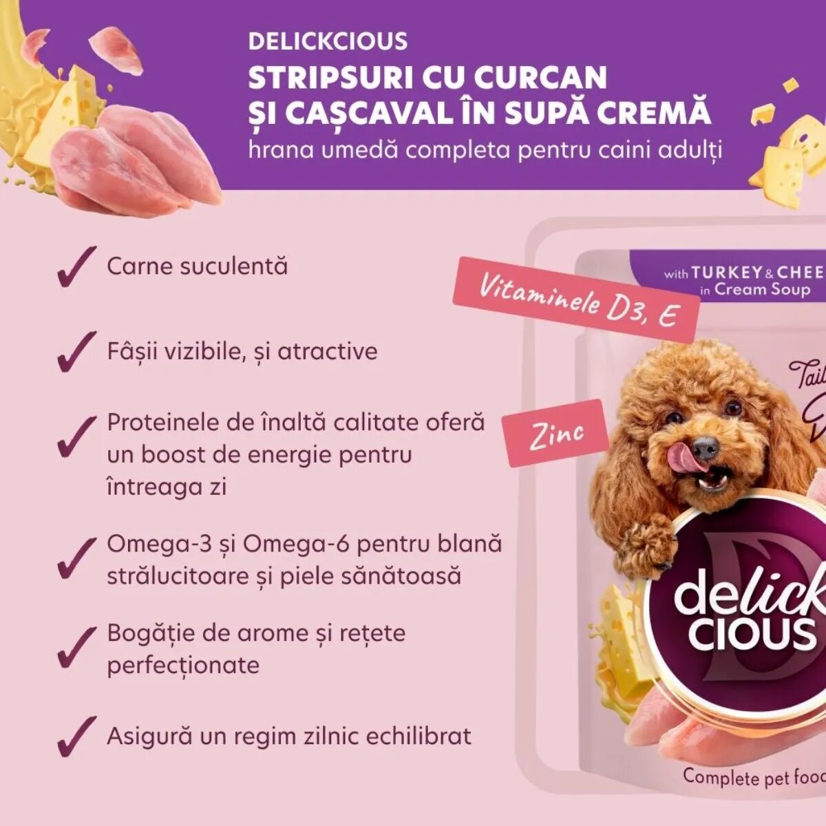 DELICKCIOUS Dinner XS-S Curcan și Brânză plic hrană umedă câini (în supă) bax 85g x 12buc