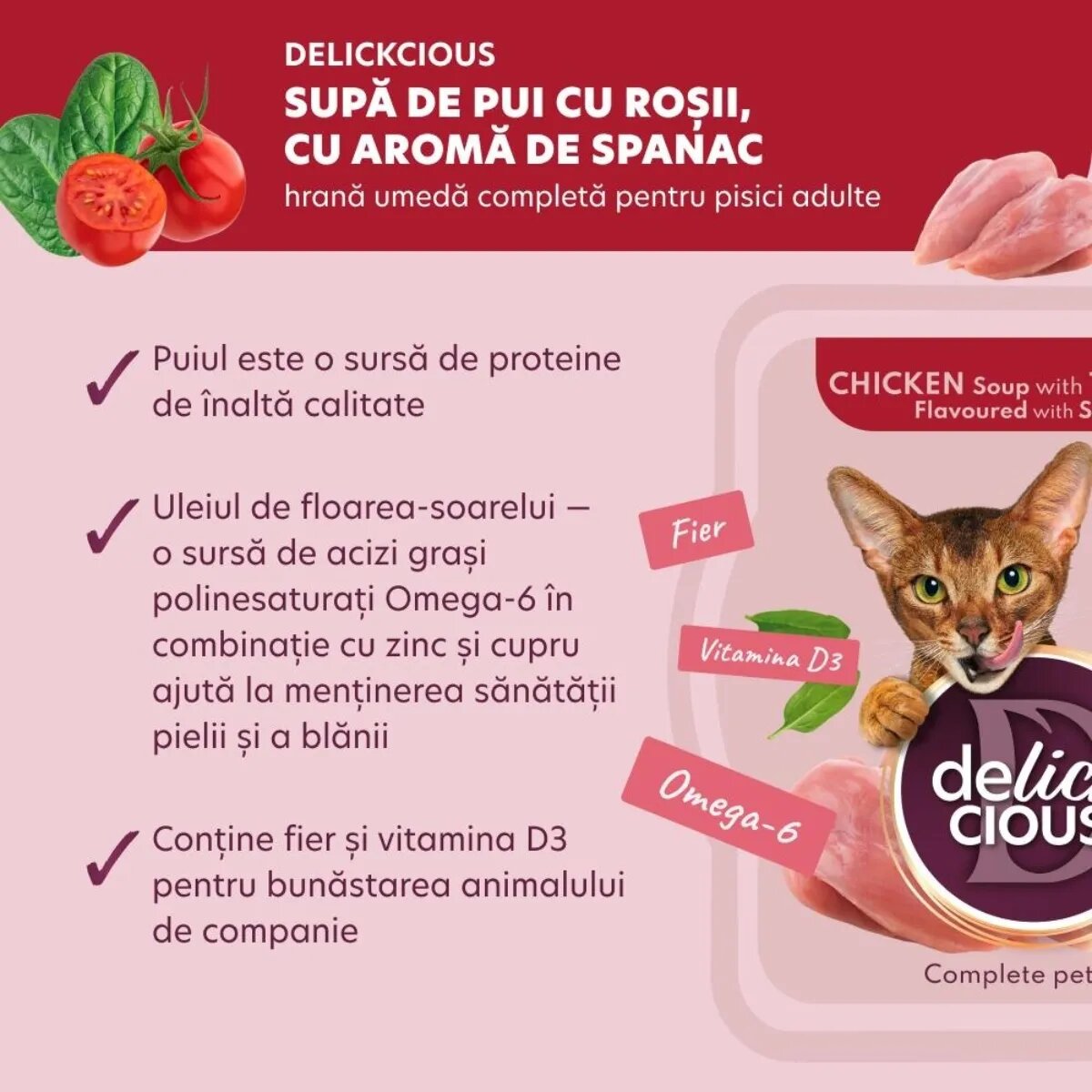DELICKCIOUS Supă Pui și Roșii bol hrană umedă pisici (în supă) bax 80g x 12buc