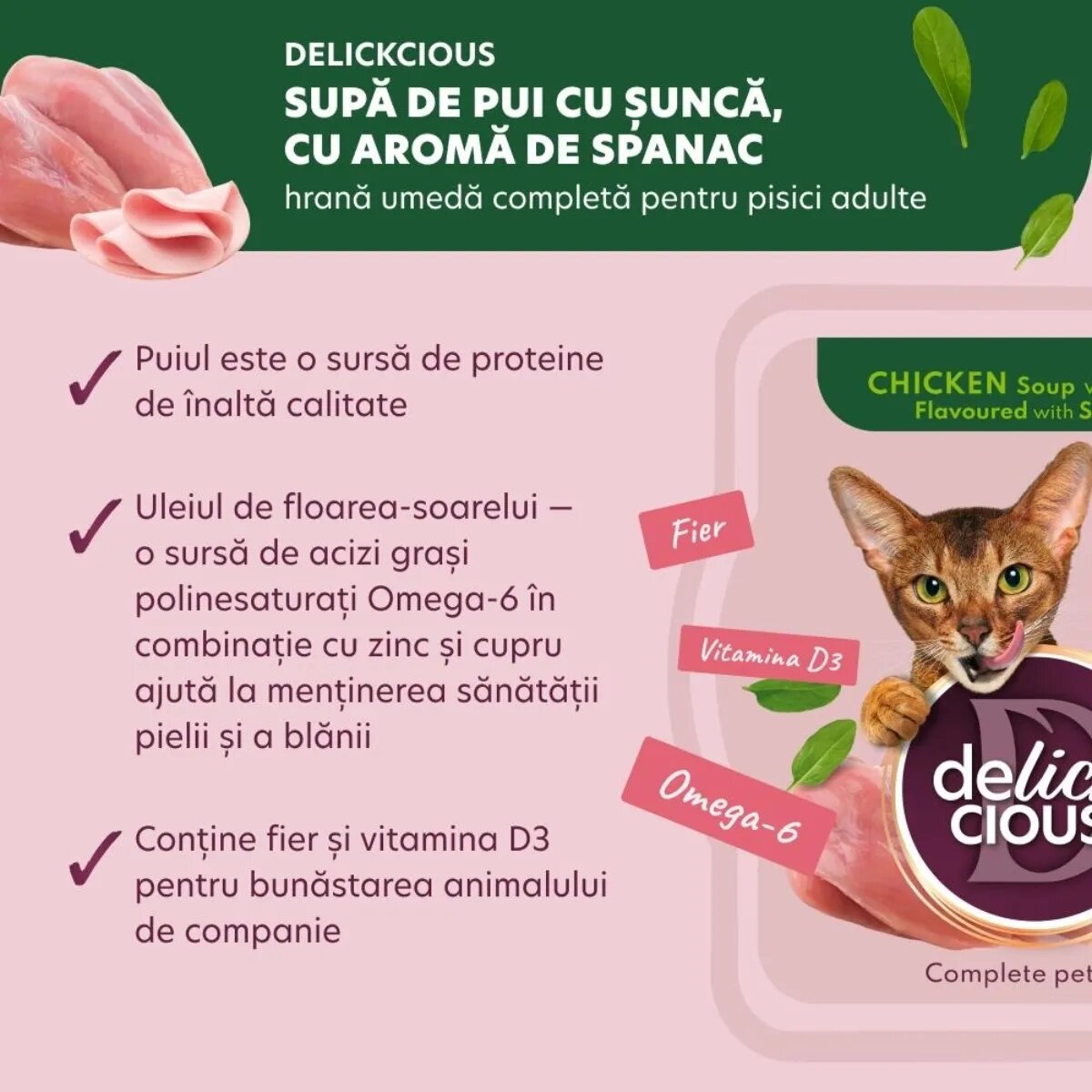 DELICKCIOUS Supă Pui și Șuncă bol hrană umedă pisici (în supă) bax 80g x 12buc