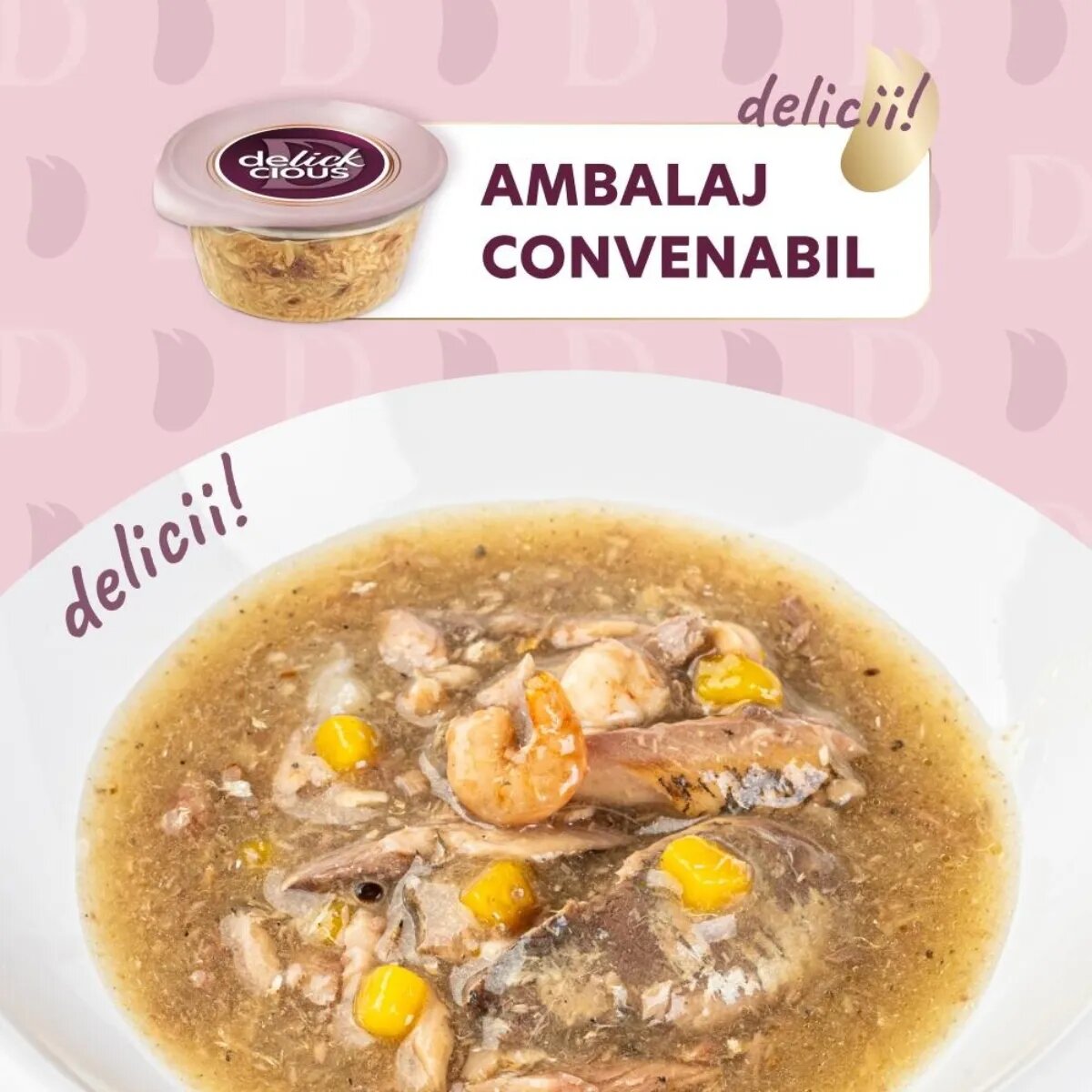 DELICKCIOUS Supă Sardine și Creveți bol hrană umedă pisici (în supă) 80g