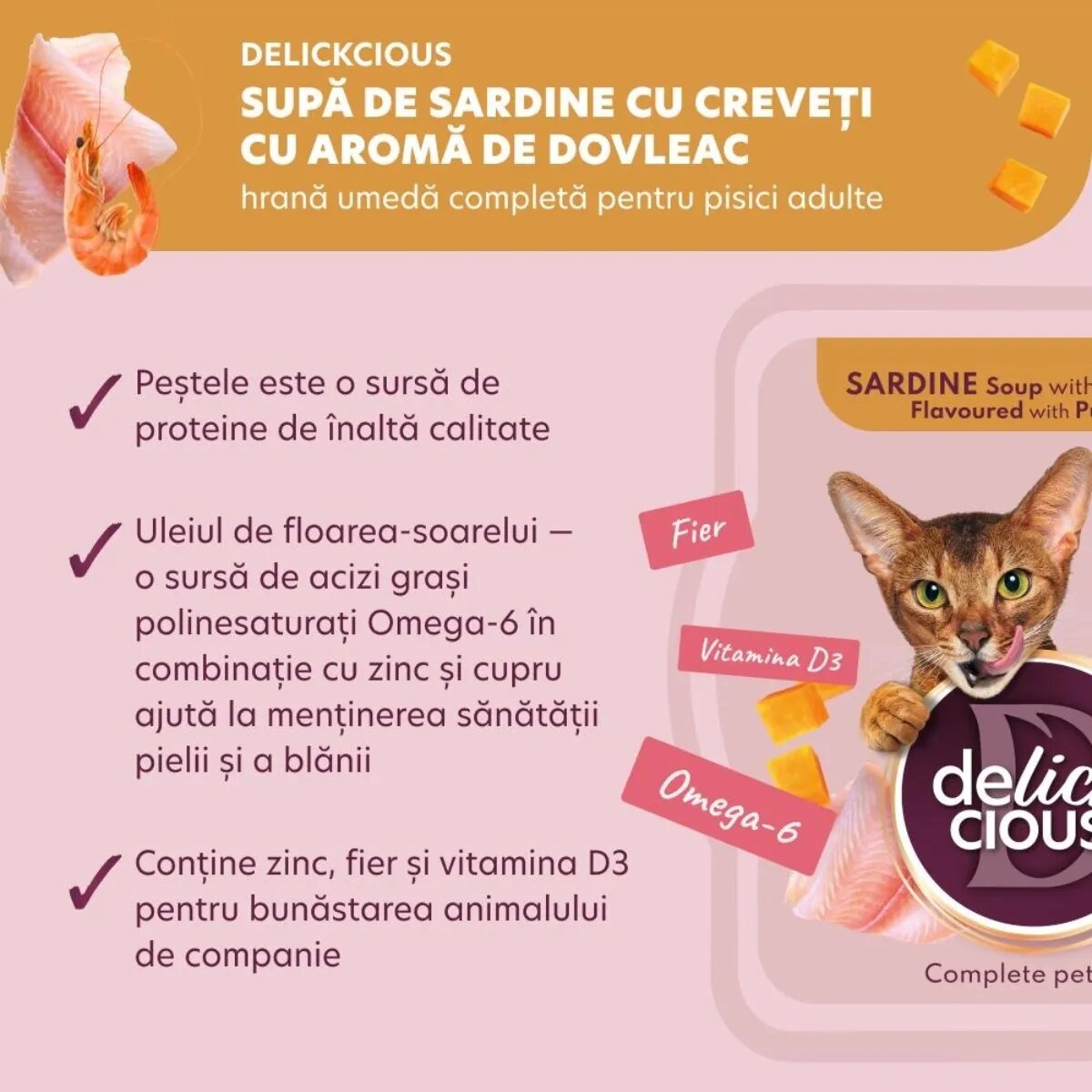 DELICKCIOUS Supă Sardine și Creveți bol hrană umedă pisici (în supă) bax 80g x 12buc