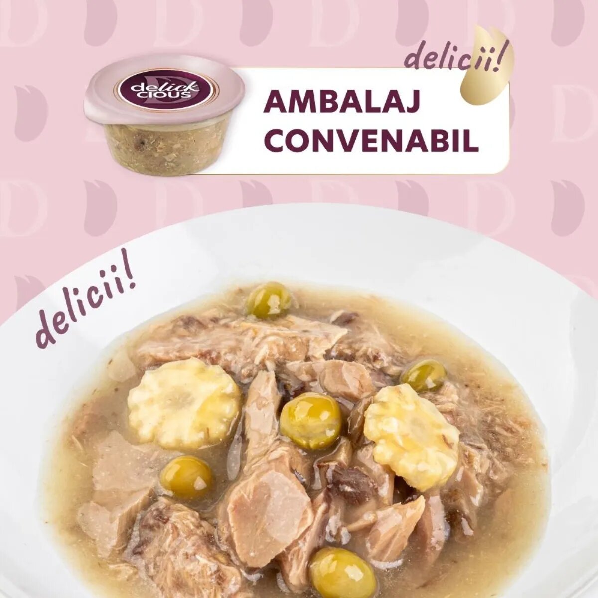 DELICKCIOUS Supă Ton și Mazăre bol hrană umedă pisici (în supă) 80g