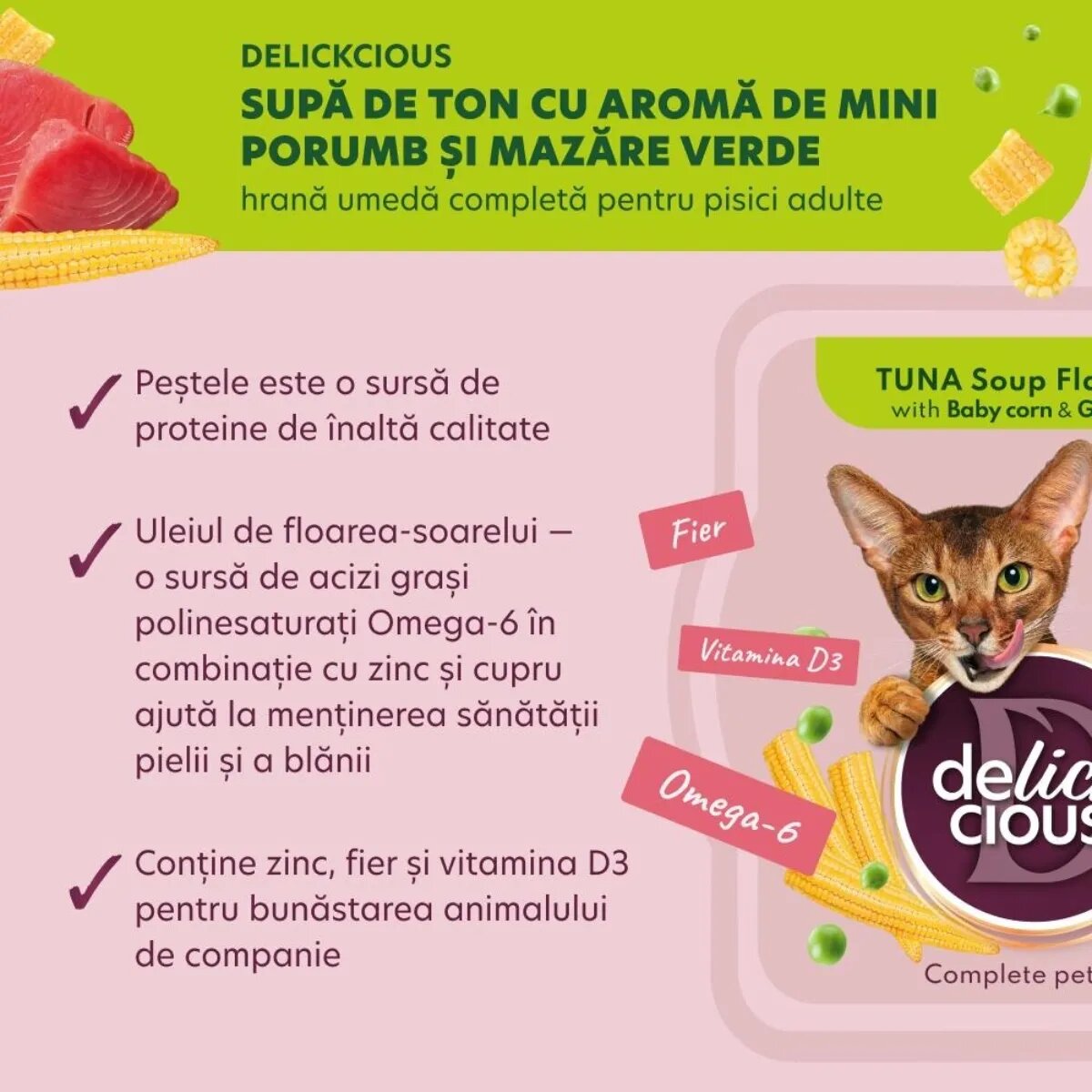 DELICKCIOUS Supă Ton și Mazăre bol hrană umedă pisici (în supă) bax 80g x 12buc