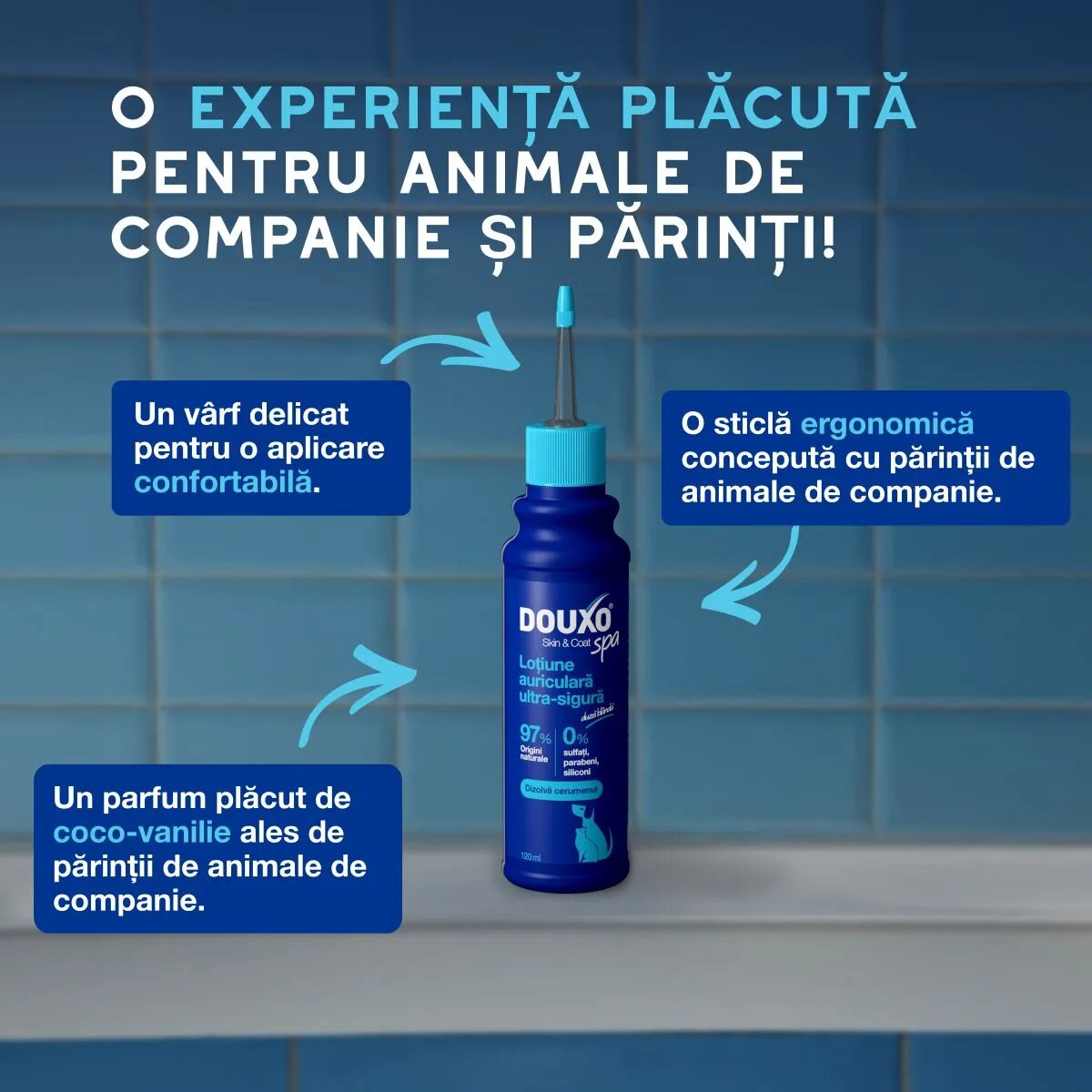 DOUXO SPA Ear Cleaner dewaxing soluție igiena urechilor câini și pisici hidratantă hipoalergenică flacon cu aplicator 120ml
