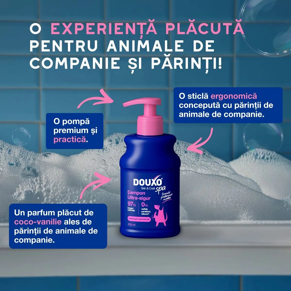 DOUXO SPA Itch Soothing șampon câini anti-mâncărime calmant Vanilie și Nucă de cocos flacon 250ml