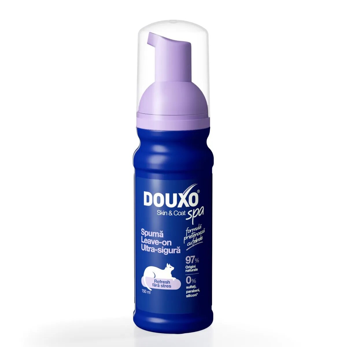 DOUXO SPA Low-Stress Refresh Mousse șampon spumă pisici fără clătire hidratantă Vanilie și Nucă de cocos flacon cu aplicator 150ml