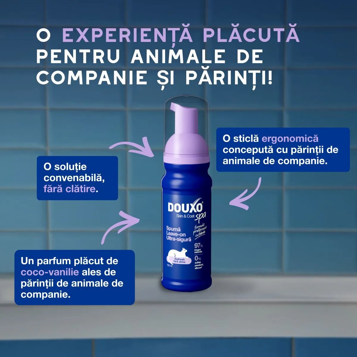 DOUXO SPA Low-Stress Refresh Mousse șampon spumă pisici fără clătire hidratantă Vanilie și Nucă de cocos flacon cu aplicator 150ml