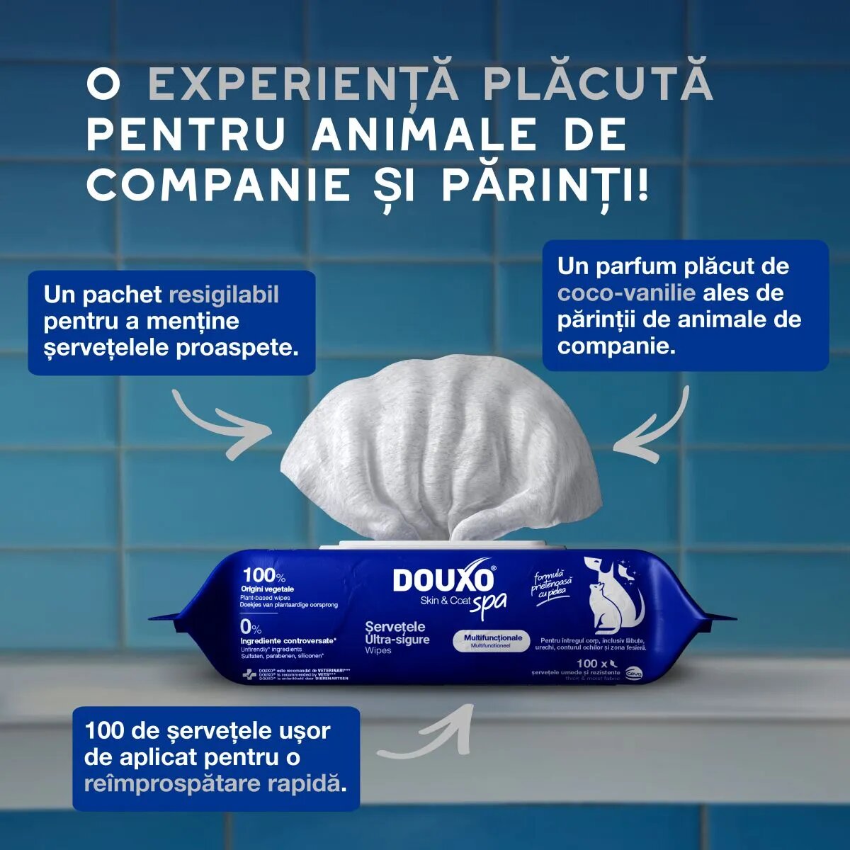 DOUXO SPA Multipurpose șervețele umede câini și pisici hipoalergenice Vanilie și Nucă de cocos resigilabil 100buc
