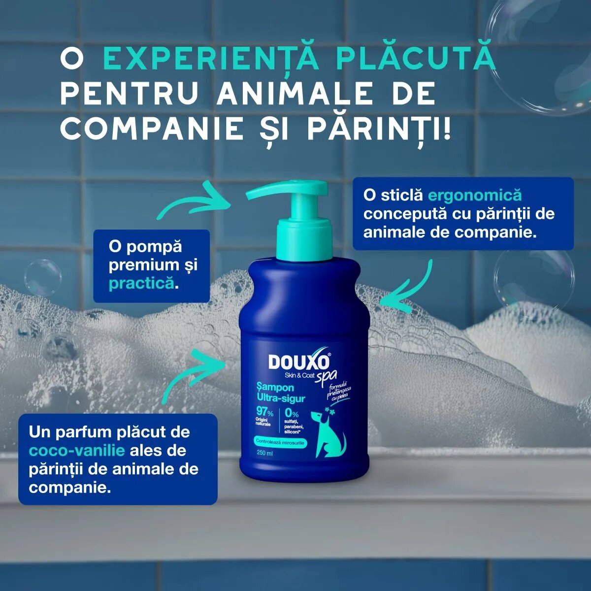 DOUXO SPA Odor Control șampon câini anti-mătreață Vanilie și Nucă de cocos flacon 250ml