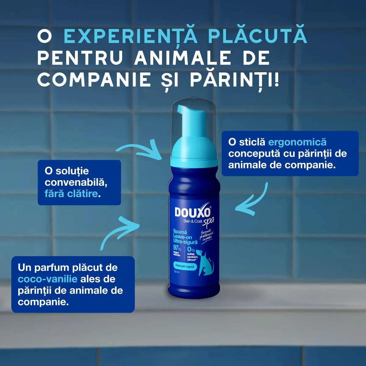 DOUXO SPA Quick Refresh Mousse șampon spumă câini fără clătire hidratantă Vanilie și Nucă de cocos flacon 150ml