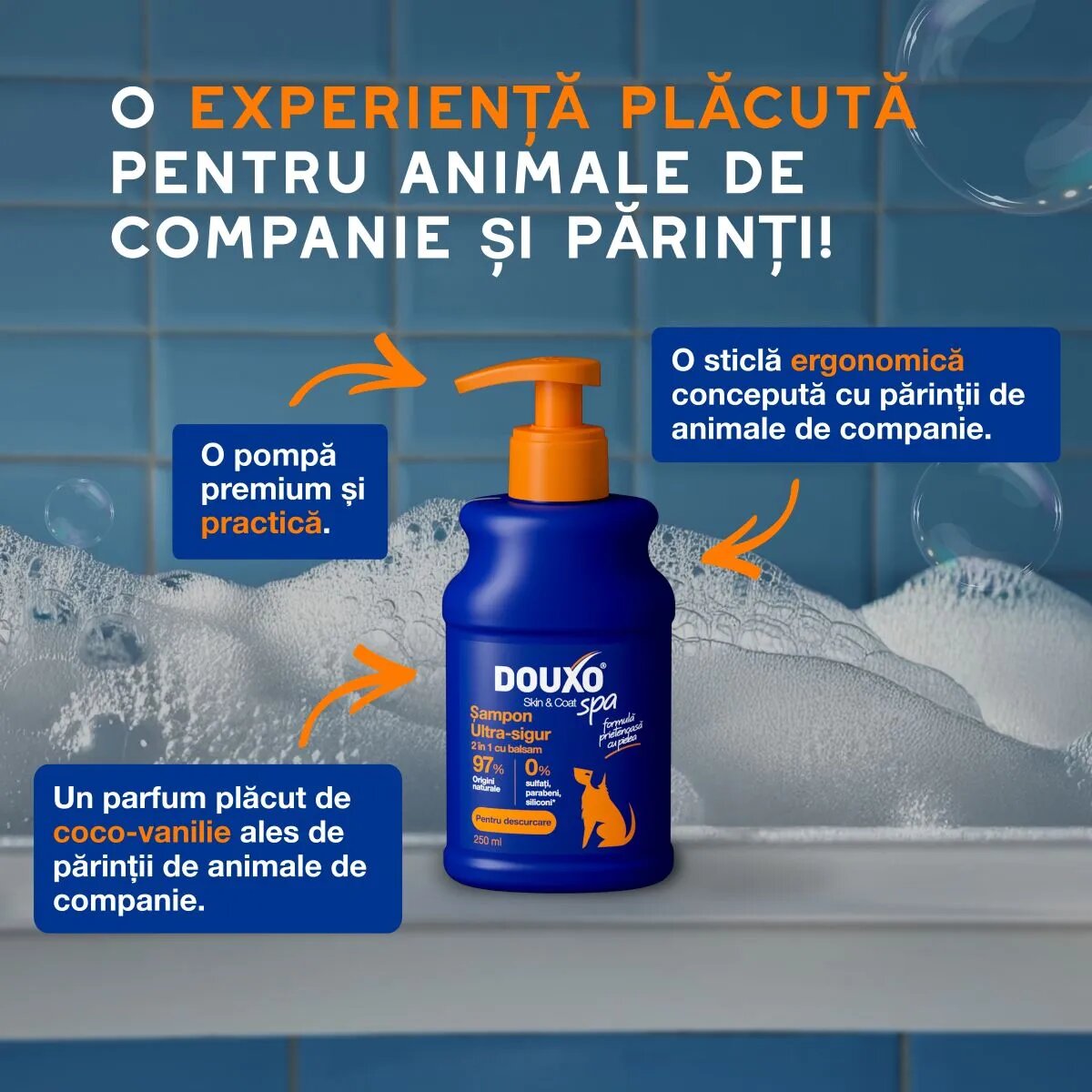 DOUXO SPA Shampoo 2 in 1 Conditioning șampon și balsam 2în1 câini descâlcirea blănii Vanilie și Nucă de cocos flacon 250ml