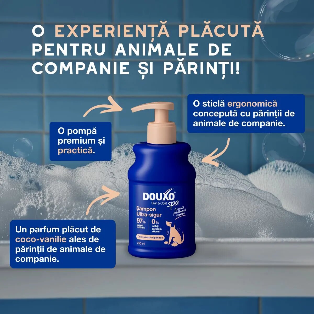 DOUXO SPA Shed Control șampon câini anti-năpârlire Vanilie și Nucă de cocos flacon 250ml