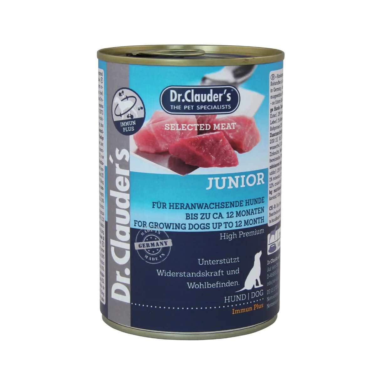 DR. CLAUDER'S Selected Meat Junior XS-XL Vită și Pasăre conservă hrană umedă fără cereale câini junior (în suc propriu) 400g