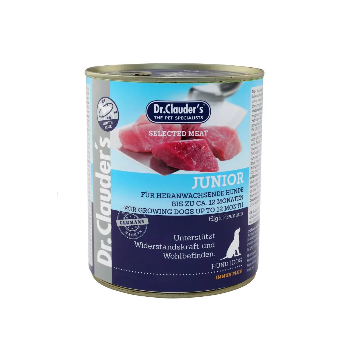 DR. CLAUDER'S Selected Meat Junior XS-XL Vită și Pasăre conservă hrană umedă fără cereale câini junior (în suc propriu) 800g