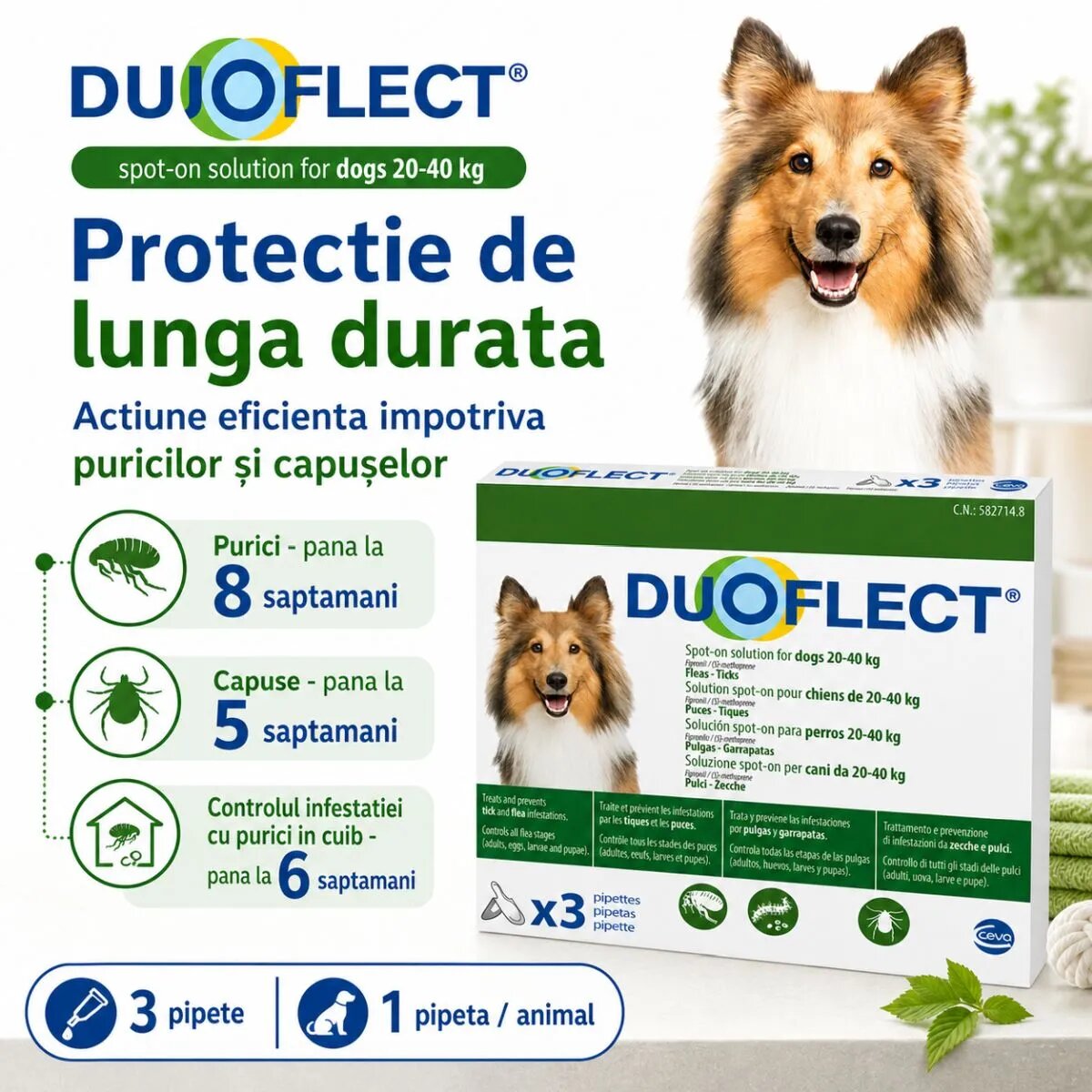Duoflect spot-on solutie antiparazitara spot-on soluție antiparazitară câini 20-40kg 3 pipete