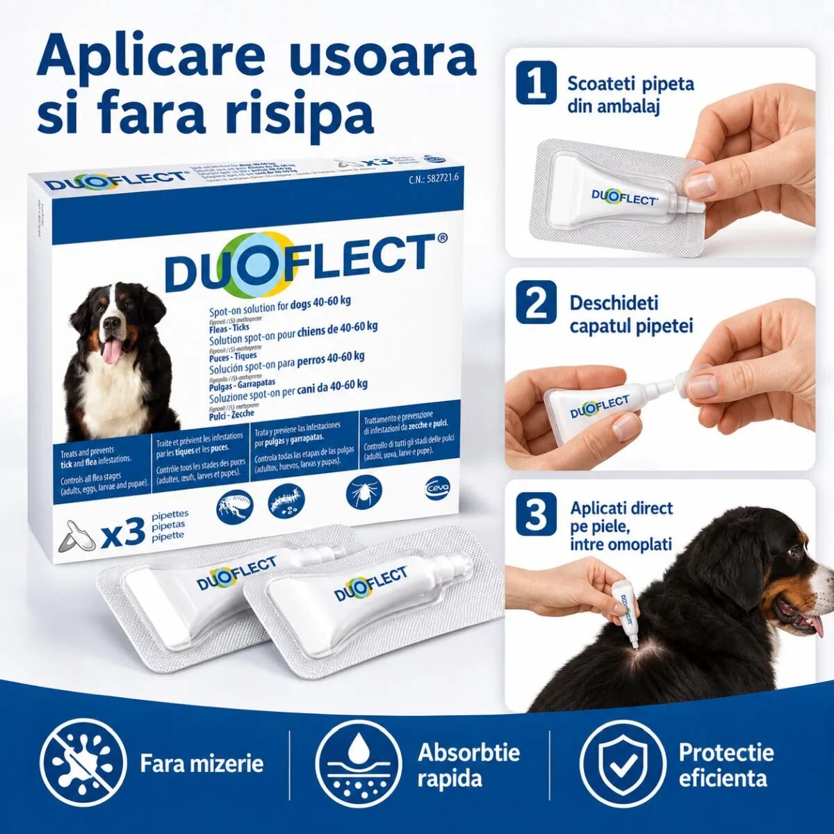 Duoflect spot-on solutie antiparazitara spot-on soluție antiparazitară câini 40-60kg 3 pipete
