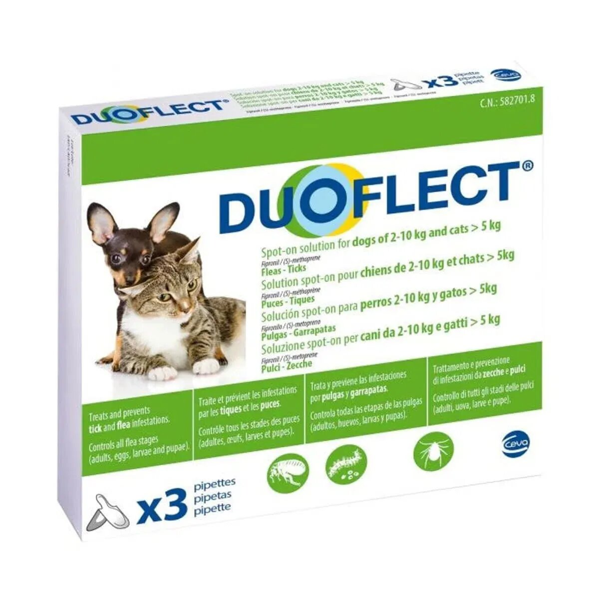 Duoflect spot-on solutie antiparazitara spot-on soluție antiparazitară pisici >5kg și câini 2-10kg 3 pipete