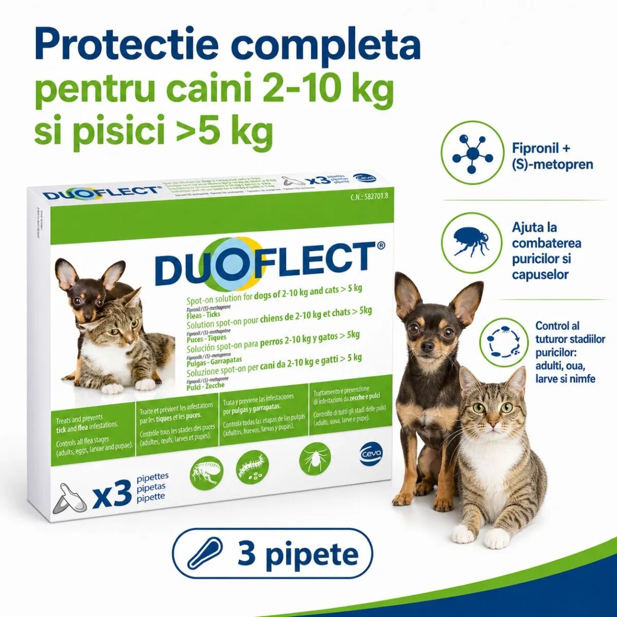 Duoflect spot-on solutie antiparazitara spot-on soluție antiparazitară pisici >5kg și câini 2-10kg 3 pipete