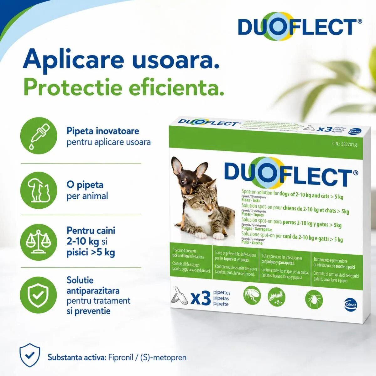 Duoflect spot-on solutie antiparazitara spot-on soluție antiparazitară pisici >5kg și câini 2-10kg 3 pipete