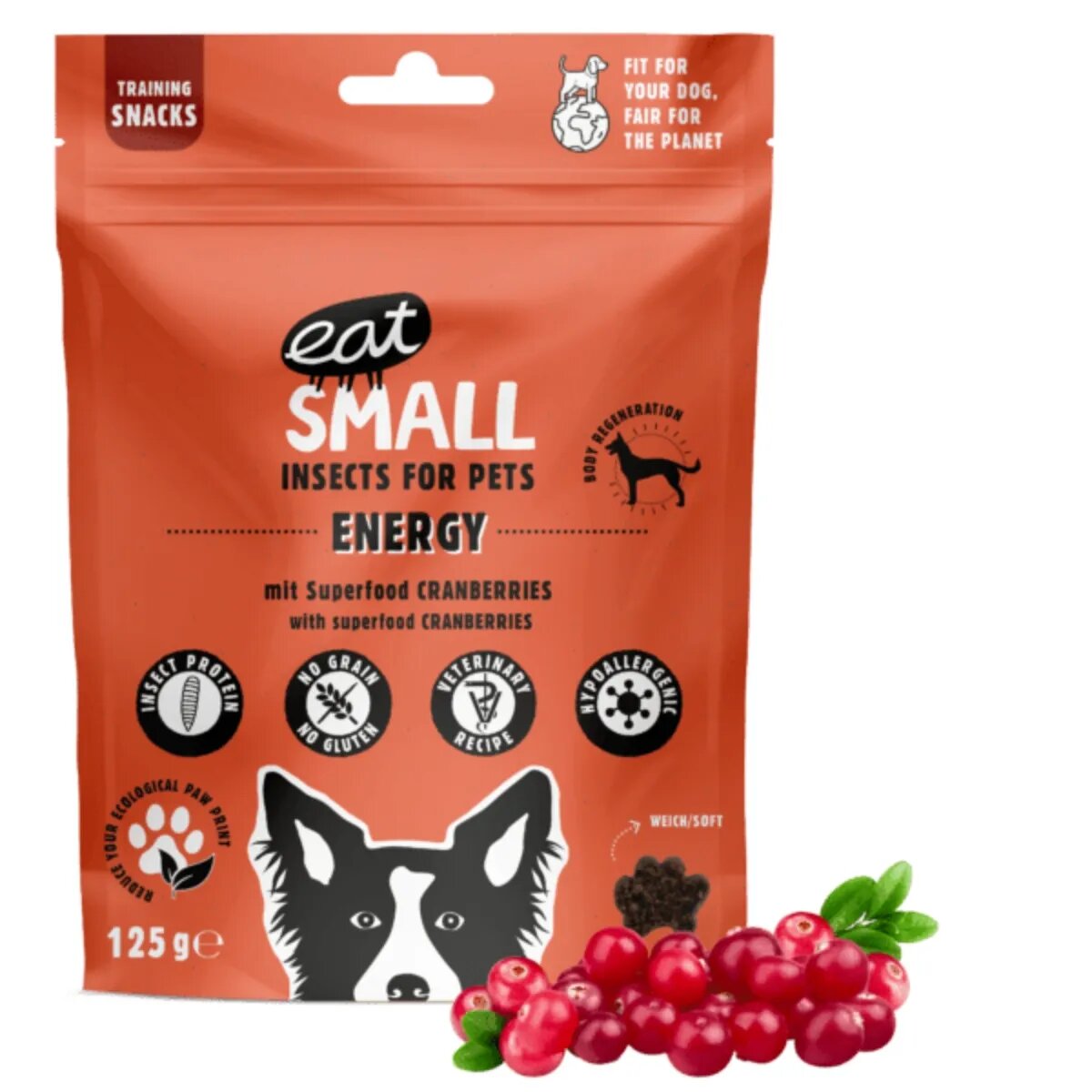 EAT SMALL Energy Snack XS-XL Insecte punguță resigilabil recompense funcționale monoproteică fără cereale câini sistem imunitar & alergii 125g