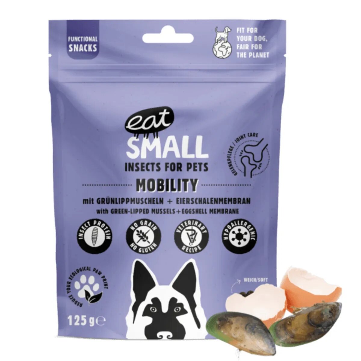 EAT SMALL Mobility Snack XS-XL Insecte punguță resigilabil recompense funcționale fără cereale câini sistem articular 125g