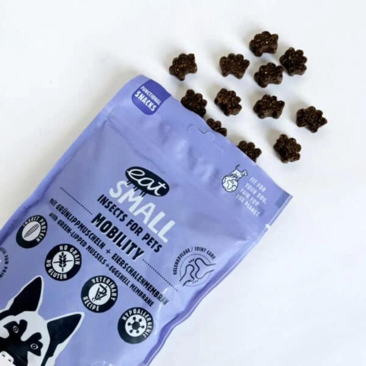 EAT SMALL Mobility Snack XS-XL Insecte punguță resigilabil recompense funcționale fără cereale câini sistem articular 125g