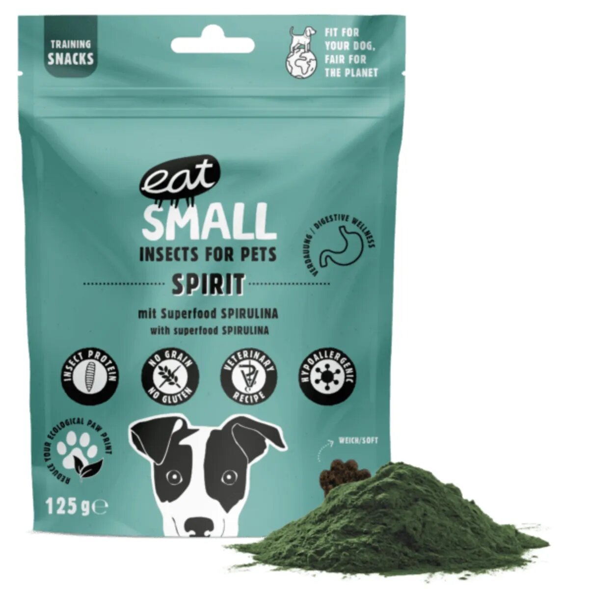 EAT SMALL Spirit Snack XS-XL Insecte și Spirulină punguță resigilabil recompense funcționale fără cereale câini sistem imunitar & alergii 125g