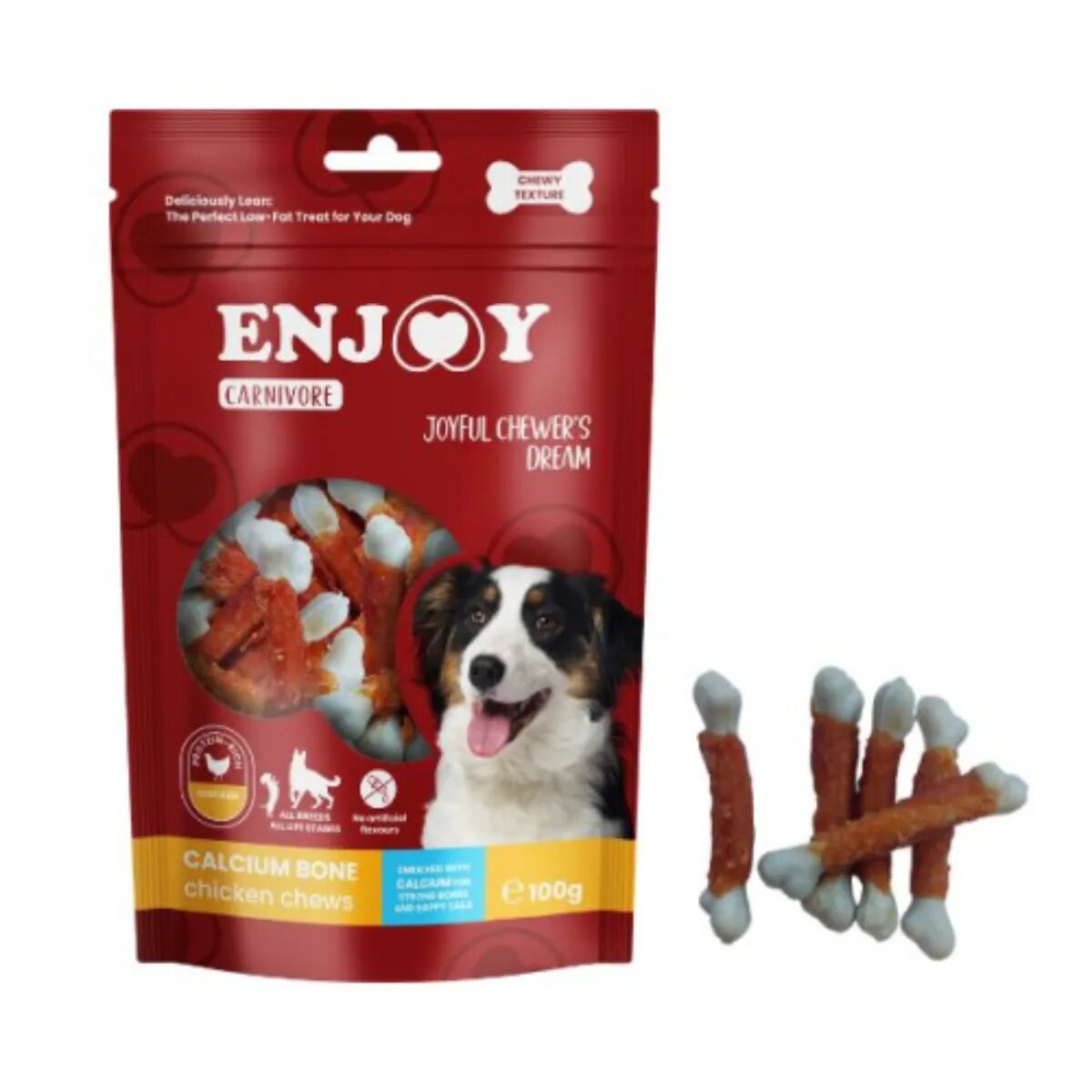 Enjoy Carnivore Calcium Bone Chews XS-XL Pui punguță recompense câini 100g