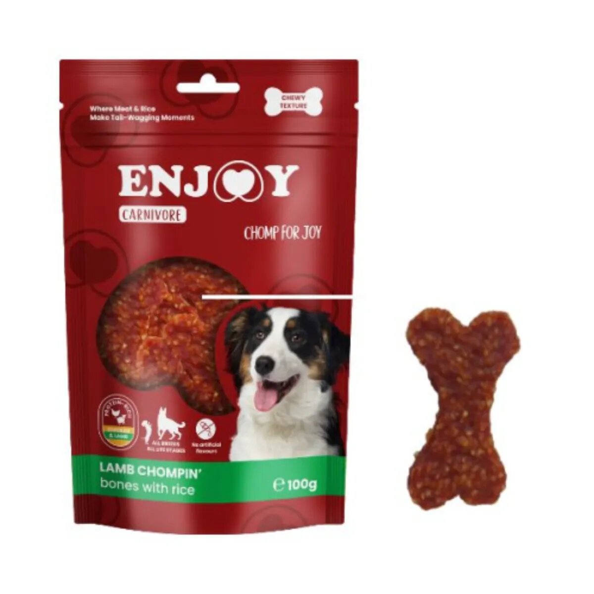 Enjoy Carnivore Chompin Bones XS-XL Miel și Orez punguță recompense câini 100g