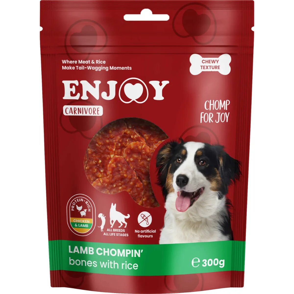 Enjoy Carnivore Chompin Bones XS-XL Miel și Orez punguță recompense câini 300g