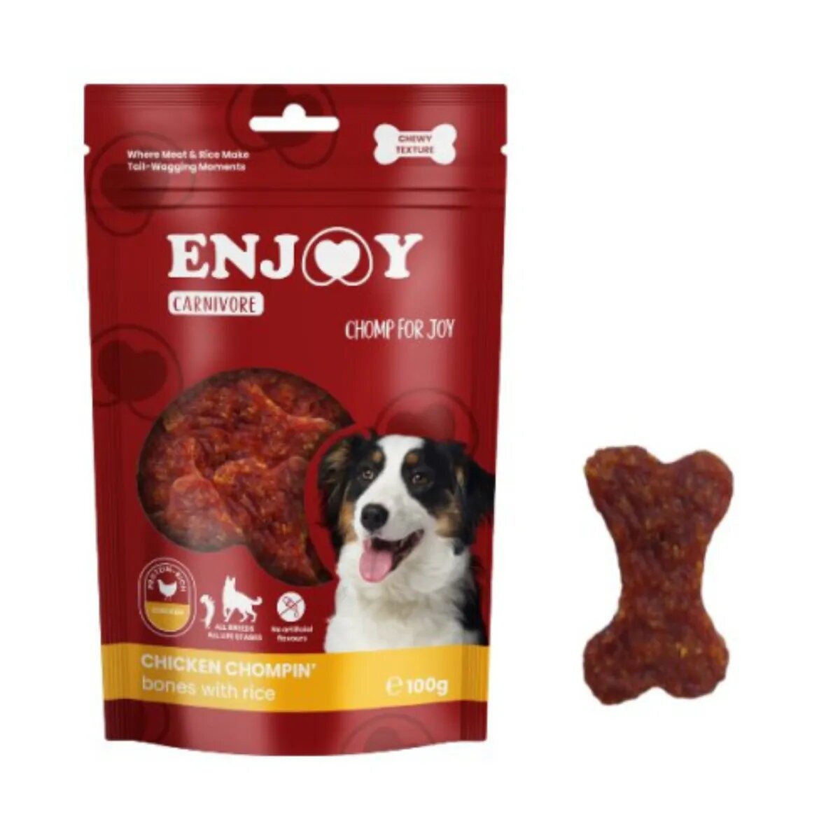 Enjoy Carnivore Chompin Bones XS-XL Pui și Orez punguță recompense câini 100g