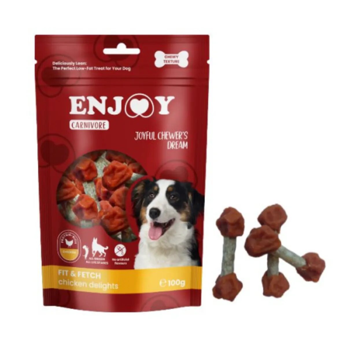 Enjoy Carnivore Fit Fetch Delights XS-XL Pui punguță recompense câini 100g