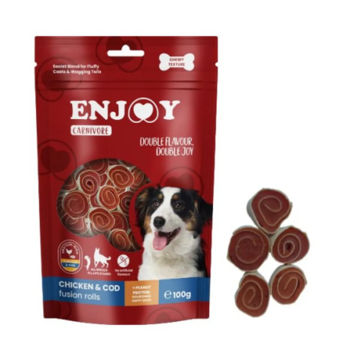 Enjoy Carnivore Fusion Rolls XS-XL Pui și Cod punguță recompense câini 100g