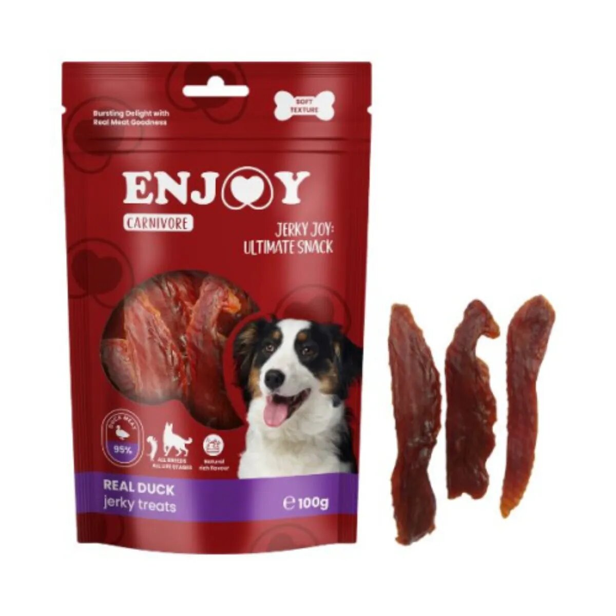 Enjoy Carnivore Jerky Treats XS-XL Rață punguță recompense câini 100g