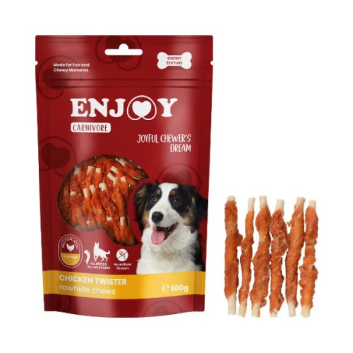 Enjoy Carnivore Twister Rawhide Chews XS-XL Pui punguță recompense câini 100g