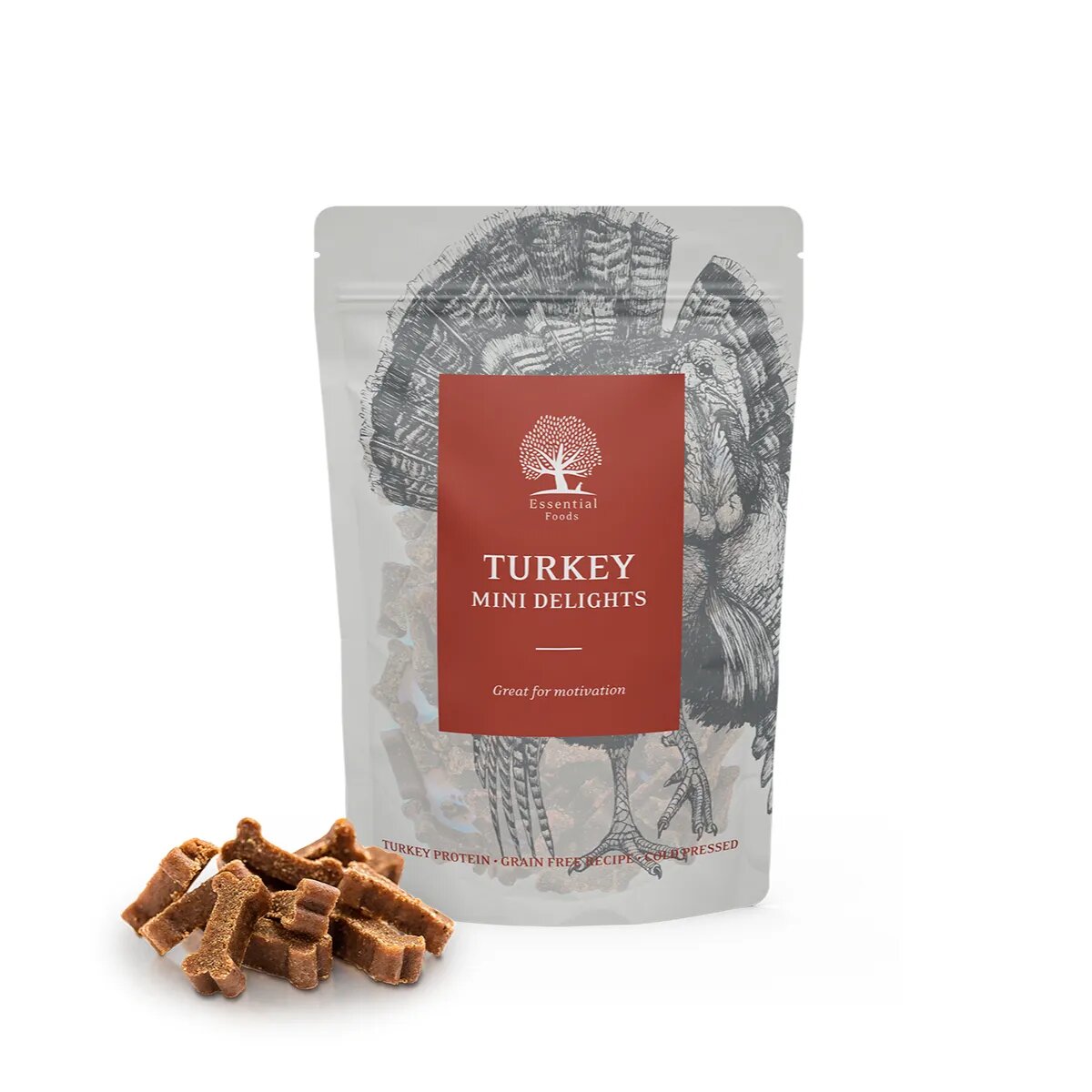 Essential Foods ESSENTIAL Mini Delights XS-S Curcan punguță recompense fără cereale câini 100g