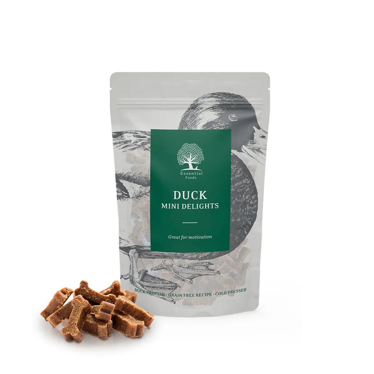 Essential Foods ESSENTIAL Mini Delights XS-S Rață punguță recompense fără cereale câini 100g