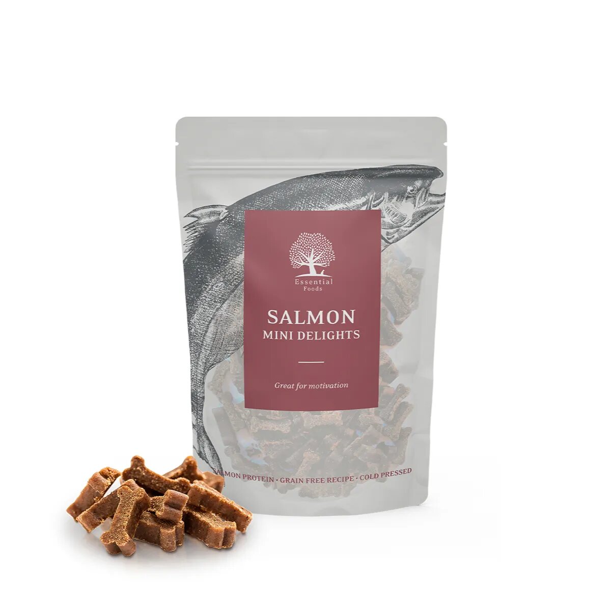 Essential Foods ESSENTIAL Mini Delights XS-S Somon punguță recompense fără cereale câini 100g
