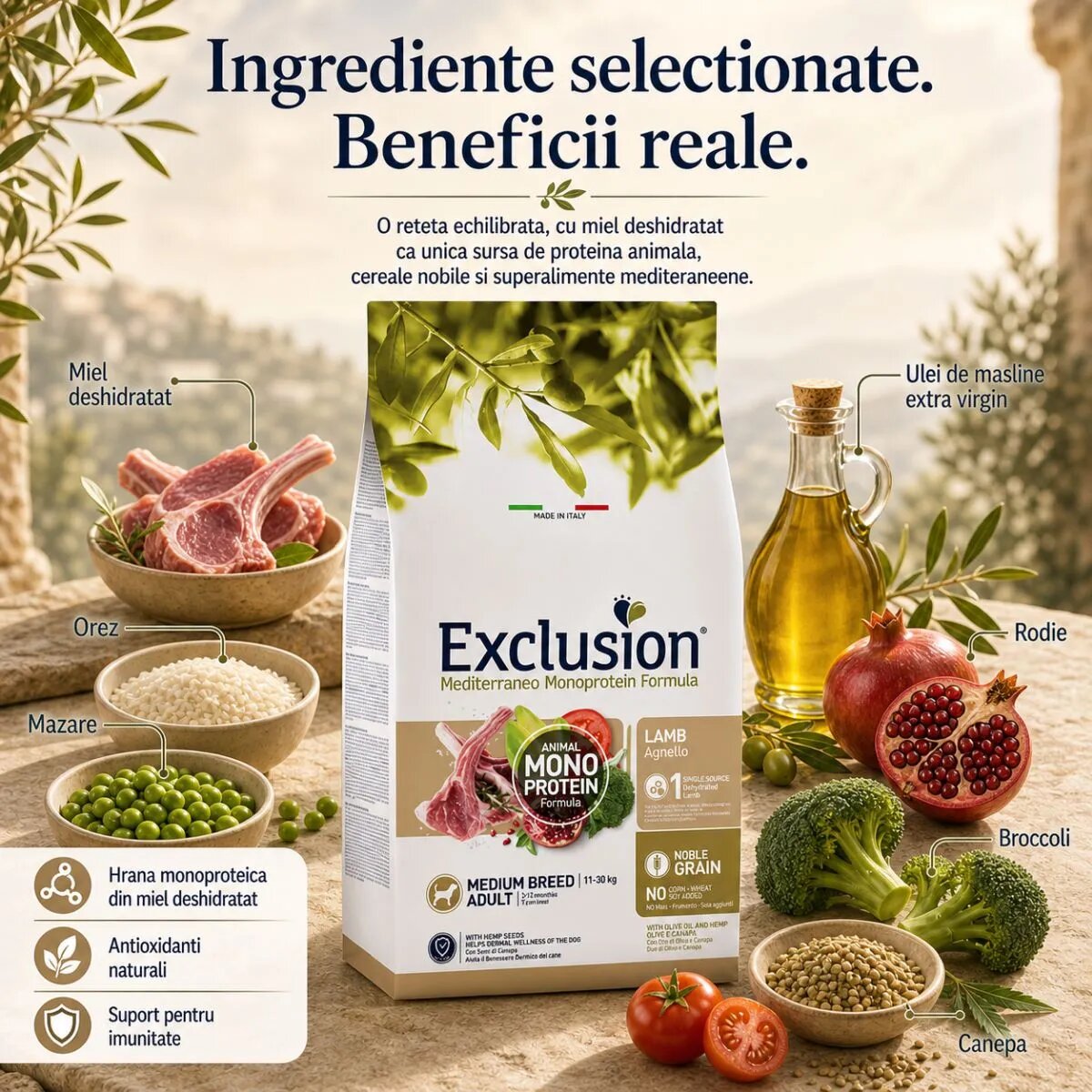 EXCLUSION Mediterraneo Monoprotein Formula Adult Medium M Miel hrană uscată monoproteică câini 12kg