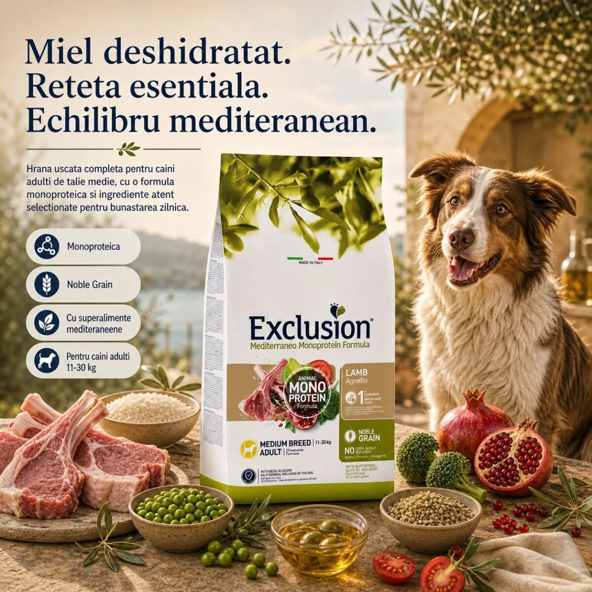 EXCLUSION Mediterraneo Monoprotein Formula Adult Medium M Miel hrană uscată monoproteică câini 12kg