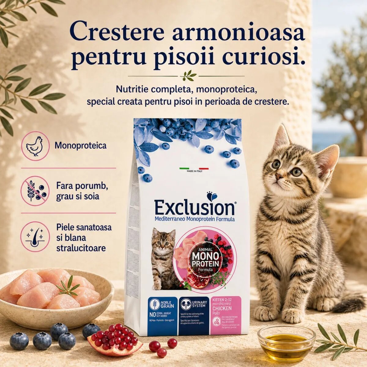 EXCLUSION Mediterraneo Monoprotein Formula Kitten Pui hrană uscată monoproteică pisici junior 12kg