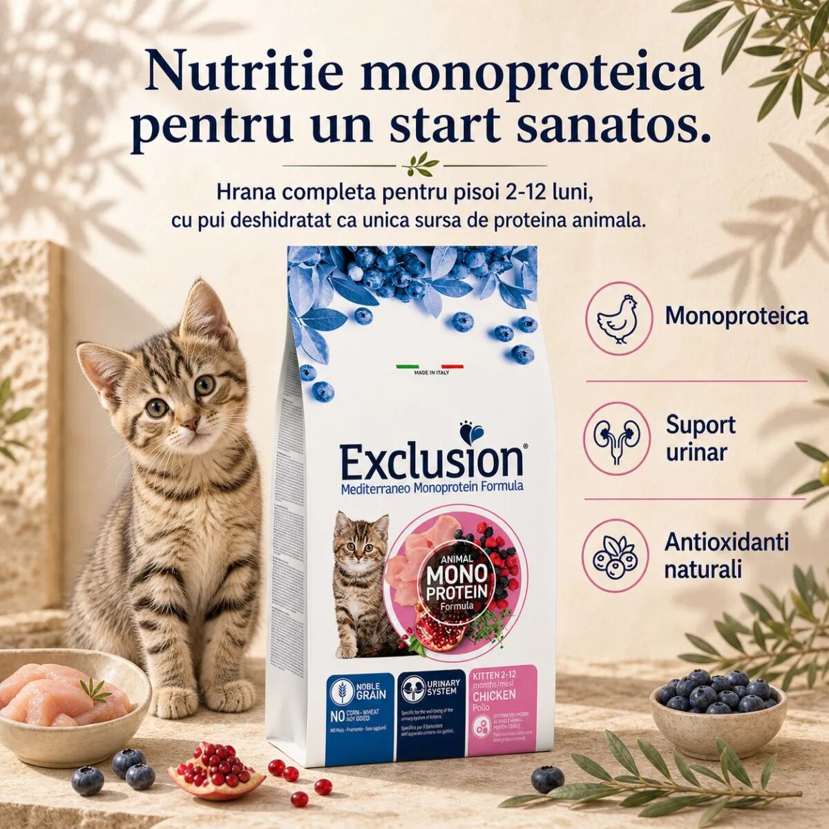 EXCLUSION Mediterraneo Monoprotein Formula Kitten Pui hrană uscată monoproteică pisici junior 12kg