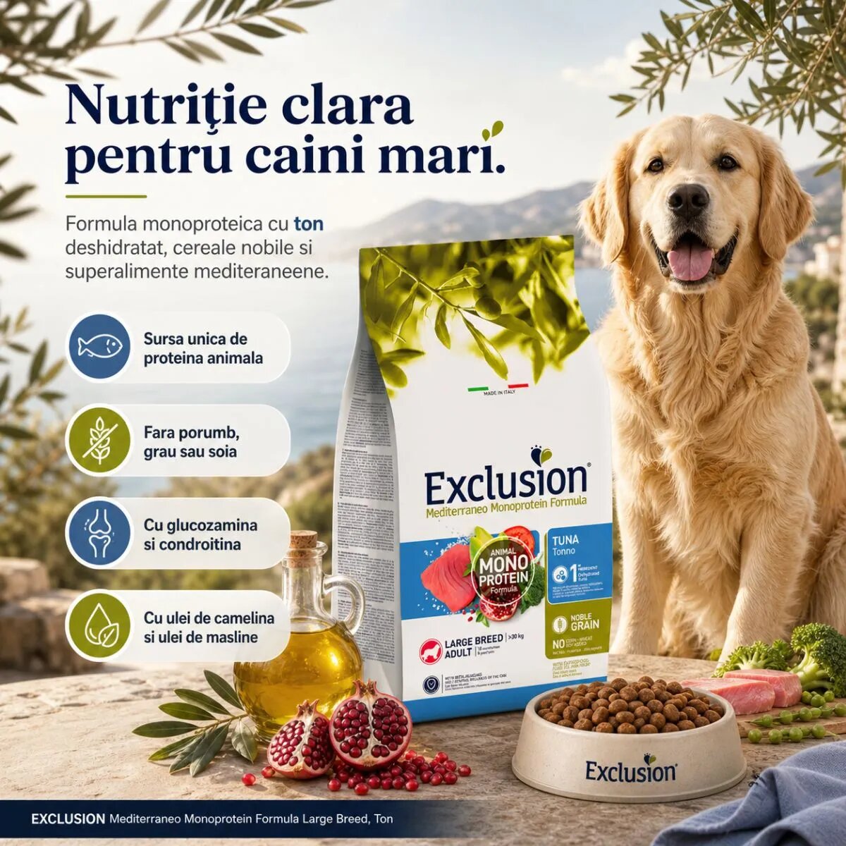 EXCLUSION Mediterraneo Monoprotein Formula Large Breed L-XL Ton hrană uscată monoproteică câini 12kg