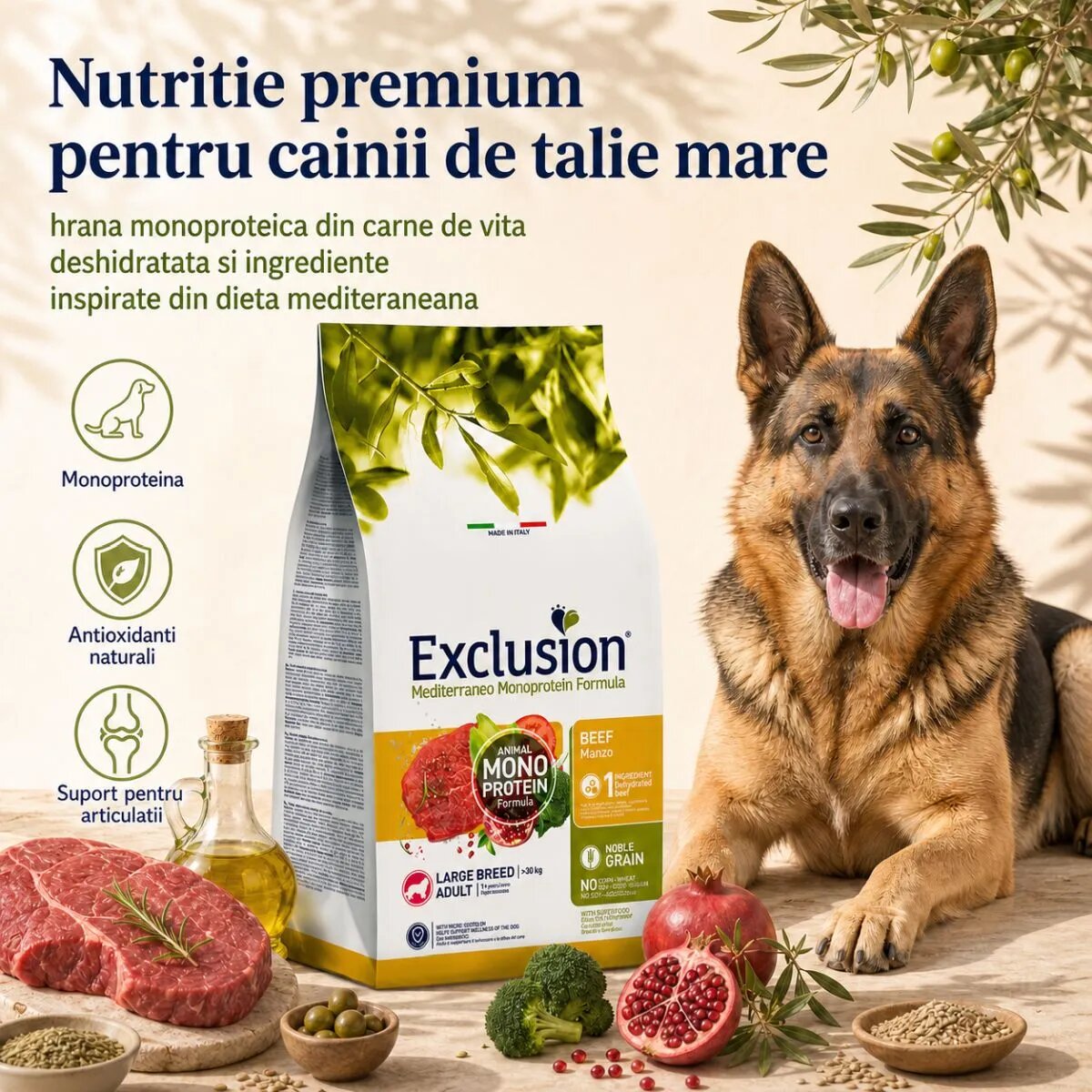 EXCLUSION Mediterraneo Monoprotein Formula Large Breed L-XL Vită hrană uscată monoproteică câini 12kg