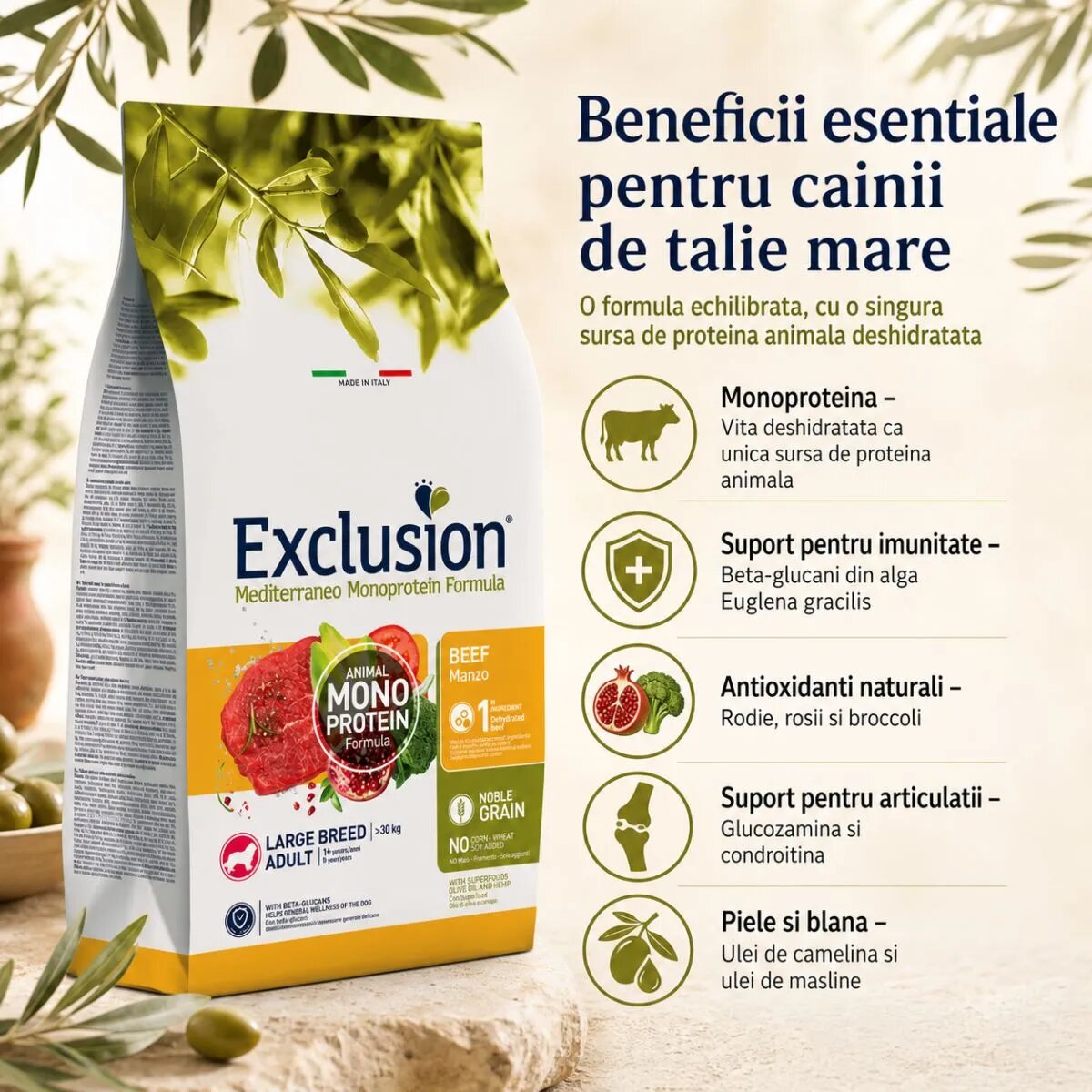 EXCLUSION Mediterraneo Monoprotein Formula Large Breed L-XL Vită hrană uscată monoproteică câini 12kg