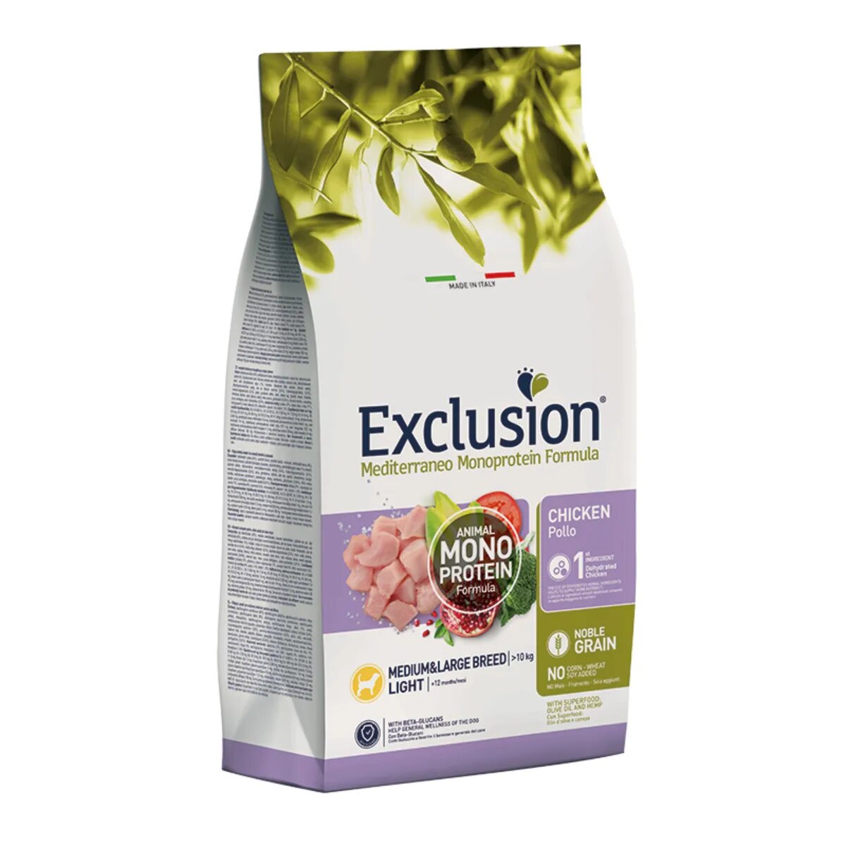 EXCLUSION Mediterraneo Monoprotein Formula Light Medium&Large M-XL Pui hrană uscată monoproteică câini sterilizați obezitate 12kg