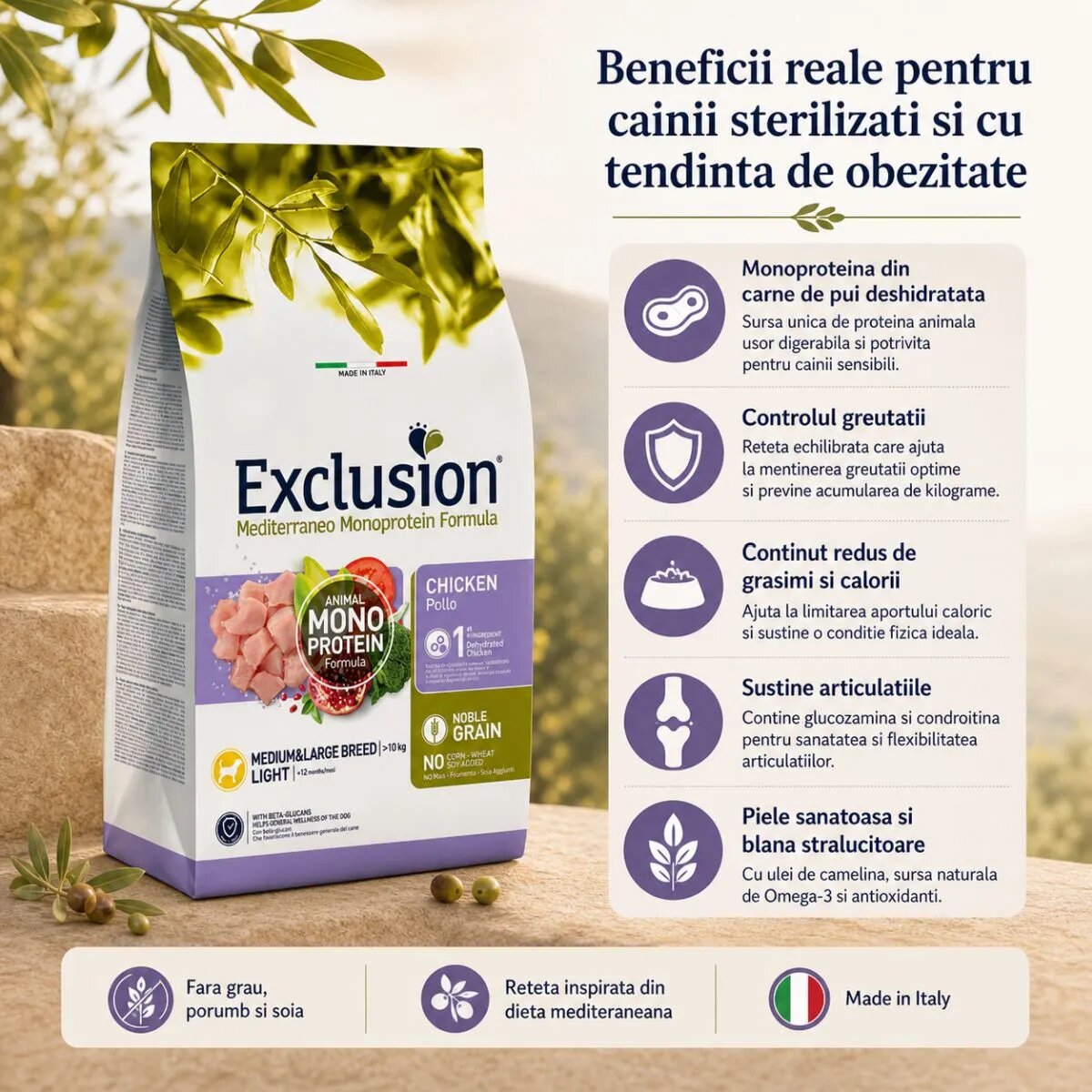 EXCLUSION Mediterraneo Monoprotein Formula Light Medium&Large M-XL Pui hrană uscată monoproteică câini sterilizați obezitate 12kg